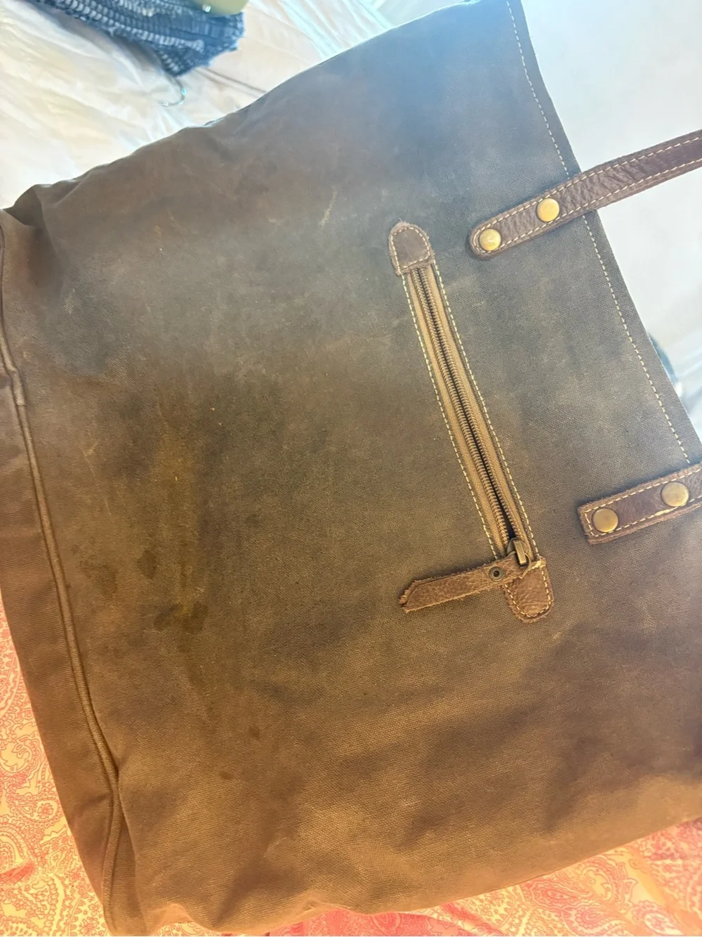 Myra Bag Mint Patterned Tote with Brown Straps and Cowhide Accents